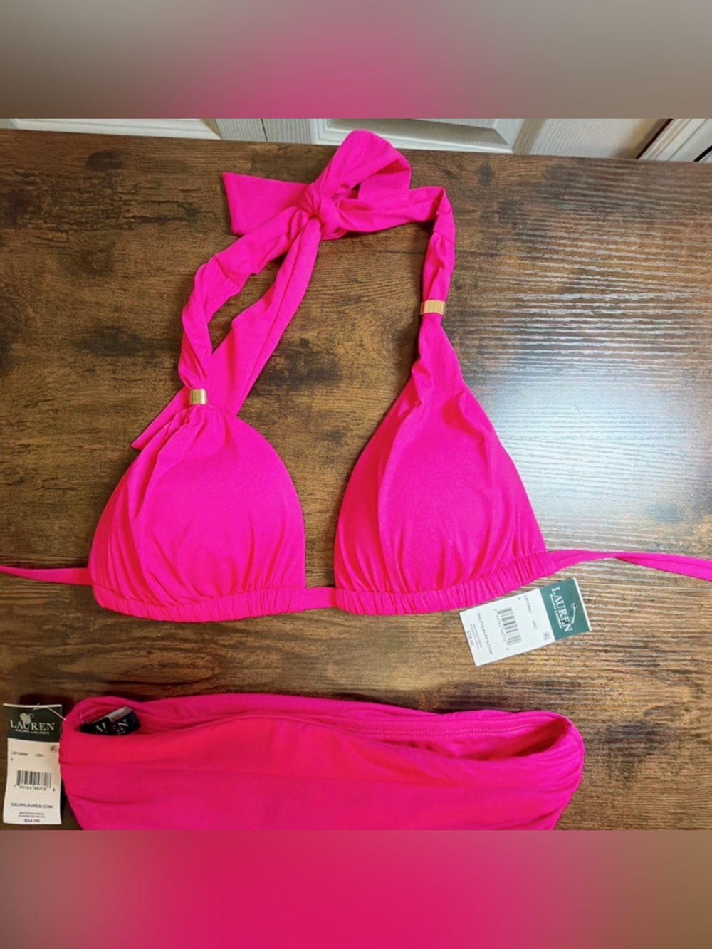 Ralph Lauren NWT Size 0 Hot Pink Bikini Set Halter Tie Two-Piece Beach Vacation - Picture 3 of 10